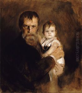 Portrait of master with her daughter by Lenbach Franz Von