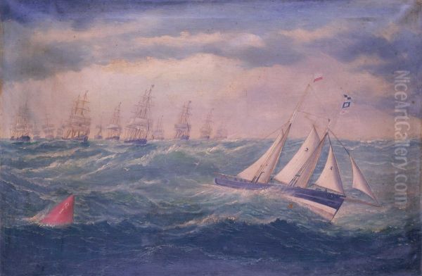 Liverpool pilot schooner No 2, the 'Leader', leading a fleet of vessels over the Mersey bar during a gale, 8 February 1881 - view 1