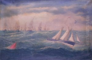 Liverpool pilot schooner No 2, the 'Leader', leading a fleet of vessels over the Mersey bar during a gale, 8 February 1881 Liverpool pilot schooner No 2, the 'Leader', leading a fleet of vessels over the Mersey bar during a gale, 8 February 1881