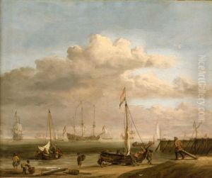 The Dutch coast with a weyschuit being launched and another vessel pushing offfrom the shore by Willem van de Velde the Younger
