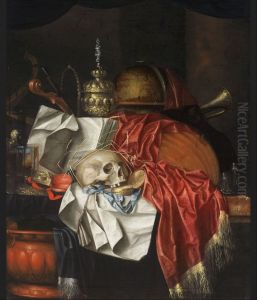 Vanitas still life with a skull, a gold pocket watch, an hour glass, a globe, musical instruments, candlestick, a gold tazza and an open book on a partially draped table by Franciscus Gijsbrechts