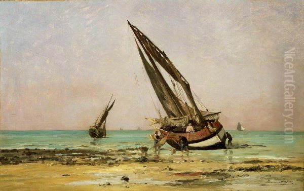 Beached fishing boats at low tide, Villerville - view 1