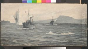 HMS 'Lanner' and 'Salvia' under bomb attack in Suda Bay, 1941 by Rowland Langmaid