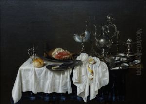 Still Life with Ham, Nautilus-cup and Silver Decanter by Willem Claesz. Heda