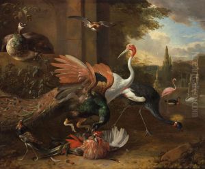 A Peacock Attacking a Rooster by Melchior D'Hondecoeter