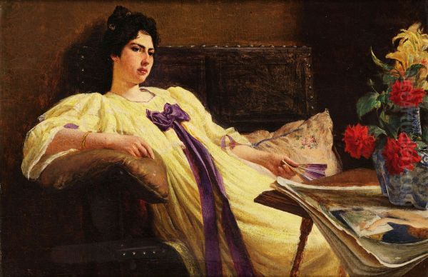 Portrait of a lady, yellow gown, purple scarf - view 1