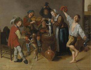 Merry company playing music and dancing in an interior by Jan Miense Molenaer