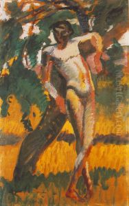 Nude Boy Leaning against a Tree by Karoly Kernstok
