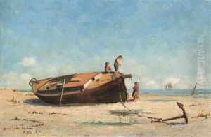 Children Playing On Beached Boat by Carlton Theodore Chapman