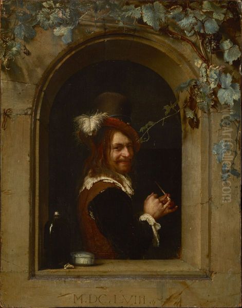 Man filling his pipe in a window - view 1