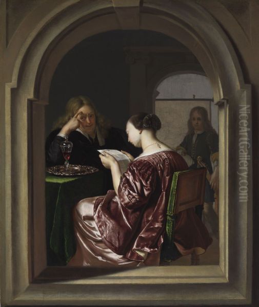 A Woman Reading and a Man Seated at a Table - view 1