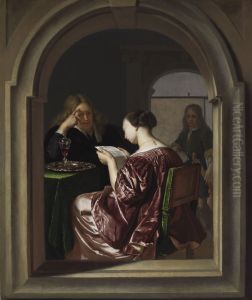 A Woman Reading and a Man Seated at a Table