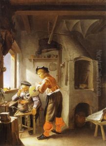 An alchemist and his assistant in a workshop by Frans van Mieris