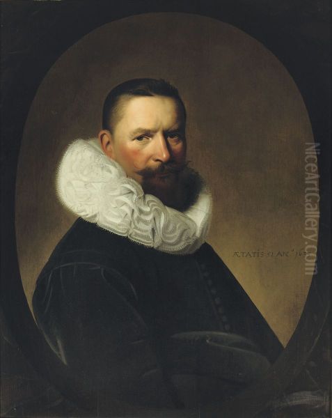Portrait of Josias van Herrewijn (1584-1652), half-length, in a black costume with a 'molensteenkraag', in a feigned oval stone window - view 1
