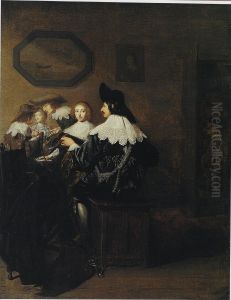 Company with a man playing the lute, seated at a table
