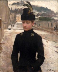 Young girl from Nancy in a snowy landscape by Friant Emile