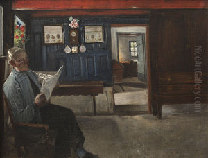 Interior med avislaesende bondemand by Laurits Andersen Ring