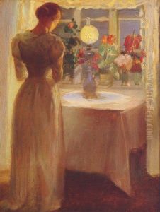 Ung pige foran en taendt lampe by Anna Ancher