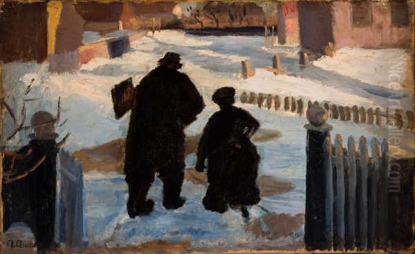 Michael Ancher on his way to his studio accompanied by the organist Helene Christensen - view 1