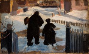 Michael Ancher on his way to his studio accompanied by the organist Helene Christensen by Anna Ancher