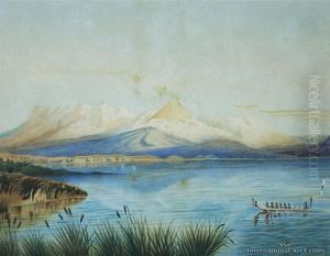 Lake Taupo With Central Plateau Volcanic Mountains Beyond