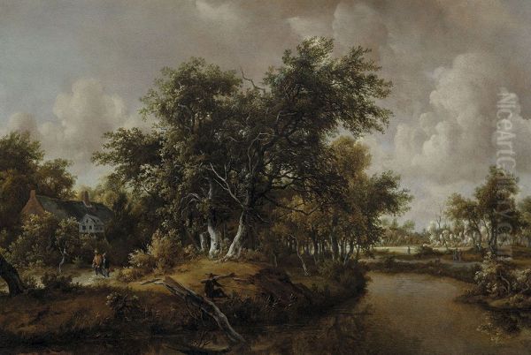 Wooded landscape with fisherman by a stream and travelers - view 1