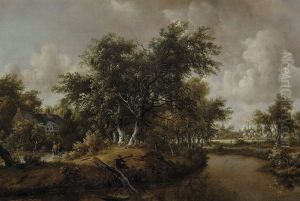Wooded landscape with fisherman by a stream and travelers by Meindert Hobbema