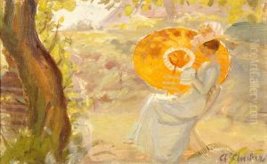Young Girl in a Garden with Orange Umbrella by Anna Ancher