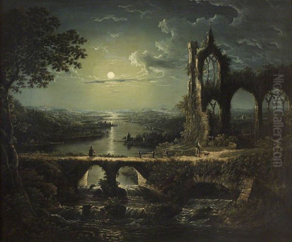 Moonlit River Scene with a Ruined Gothic Church and an Arched Stone Bridge with an Angler - view 1