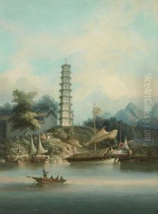 Chinese Scene with Pagoda and Boats