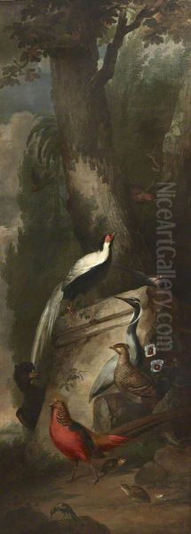 Red, Gold and Silver Pheasants and a Crane - view 1