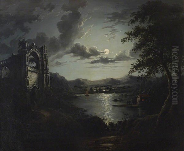 Moonlit Lake, with a Ruined Abbey and a Cottage with an illuminated Window - view 1