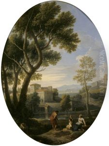 Classical Landscape with a Man and Two Women conversing, a Villa in the Distance