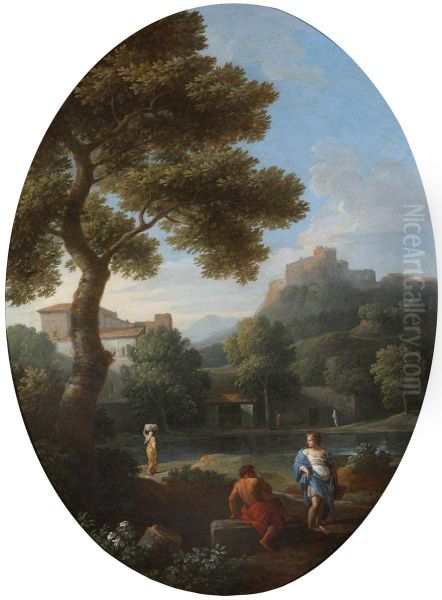 A Classical Landscape with a Man and a Woman conversing and a Distant Hill Town and Castle - view 1