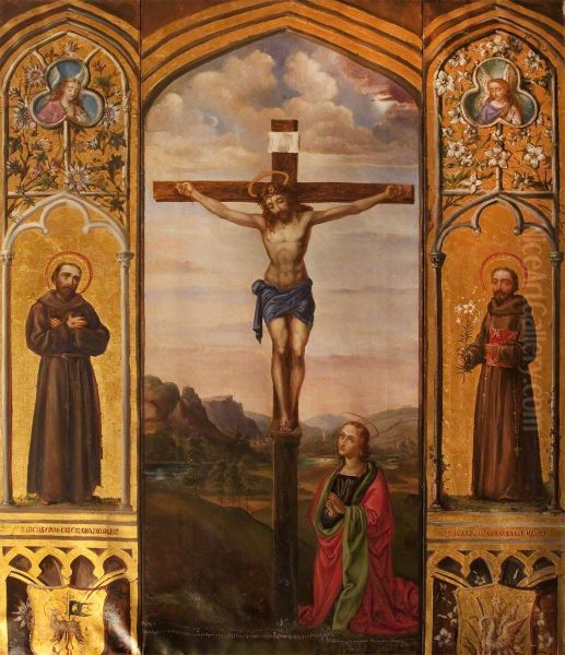 Triptych with Christ crucified with Saint Mary Magdalen (after Pietro Perugino), and Saint Francis and Saint Anthony of Padua - view 1