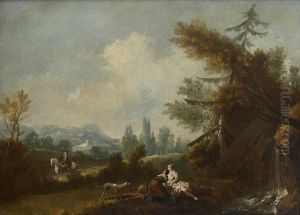 Hilly Landscape with two Country Women and a Dog by a Small Waterfall and a Rider on a Road by Giuseppe Zais