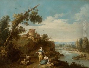 River Landscape with two Country Women and Four Sheep on a Winding Road, a Fisherman and Farm buildings round an Old Round Tower in the middle distance River Landscape with two Country Women and Four Sheep on a Winding Road, a Fisherman and Farm buildings round an Old Round Tower in the middle distance