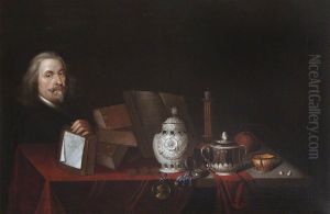 Self-portrait, aged 64 with a Still Life of Vases, Books and a Medal by Goddard Dunning