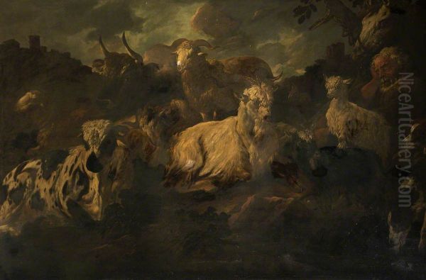 Herdsman sleeping amidst his Sheep, Goats and Cattle - view 1