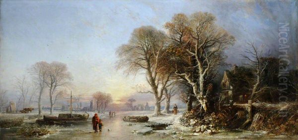 A Winter Landscape at Sunset with Figures on a Frozen River - view 1