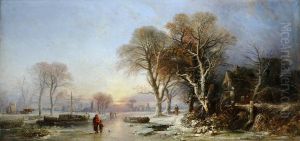 A Winter Landscape at Sunset with Figures on a Frozen River by William James Muller
