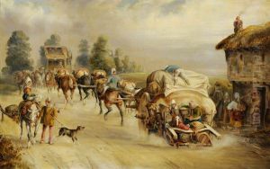 Laden Horse-drawn Wagons on the Road
