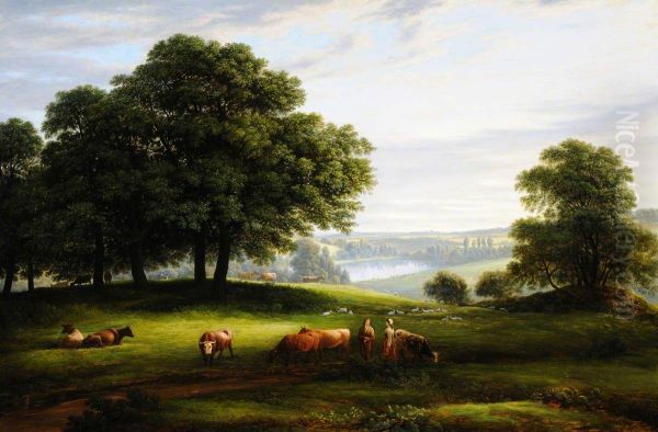 A View of Calke Park with a View of Lower Dog Kennel Pond, Figures, Cattle and Sheep - view 1
