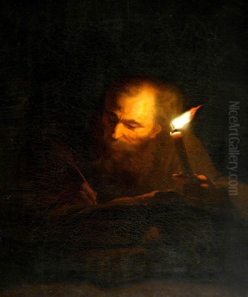 An Old Man writing a Book by Candlelight - view 1