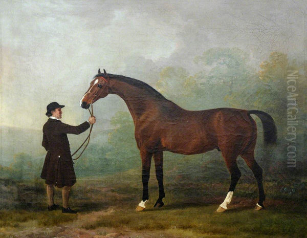 'Jason' a Bay Racehorse, with a Groom in a Landscape - view 1