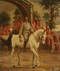 Genforeningen den 10. juli 1920. Kong Christian X rider igennem aeresporten ved Frederikhoj.