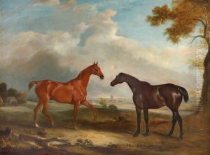 Two Hunters called 'Cock Robin' and 'Langar' by John Ferneley