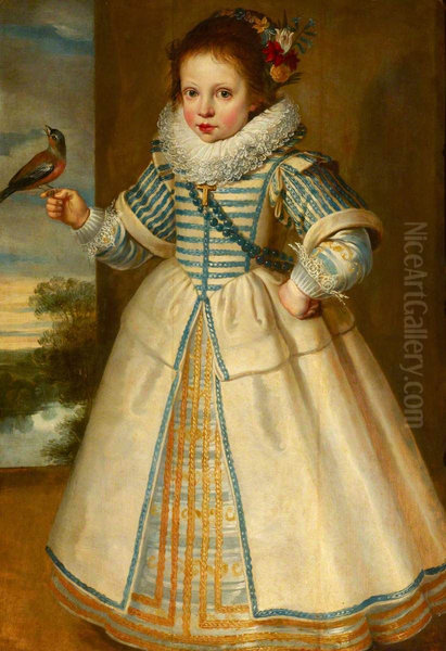 A Young Girl holding a Chaffinch - view 1