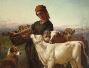 A Farm Girl with Three Calves and 'Silky'