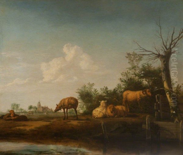 Sheep by a Stream with a Shepherd and his Dog - view 1